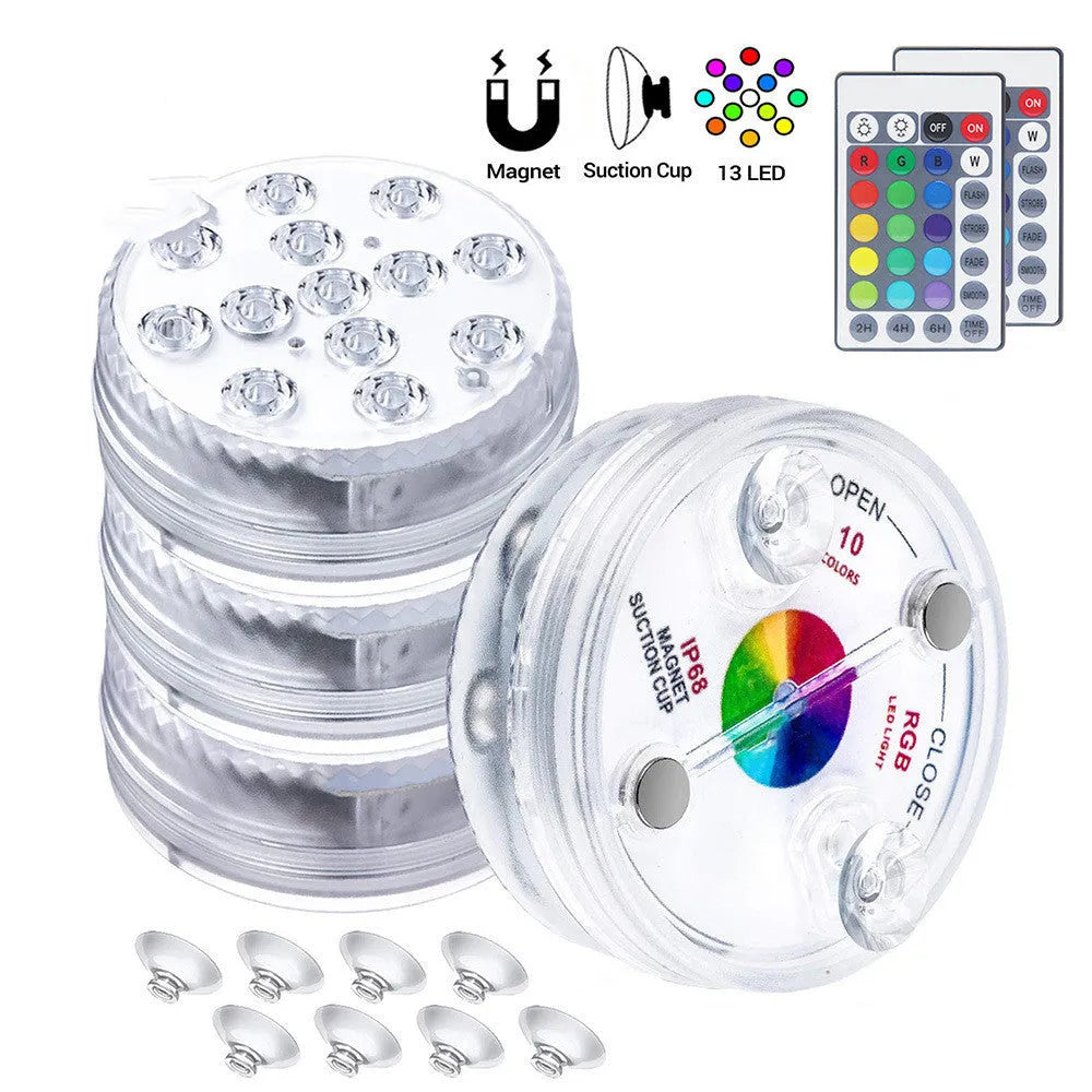 13 LED IP68 submersible underwater light with suction cup and RF remote, showing 16 colours in a swimming pool