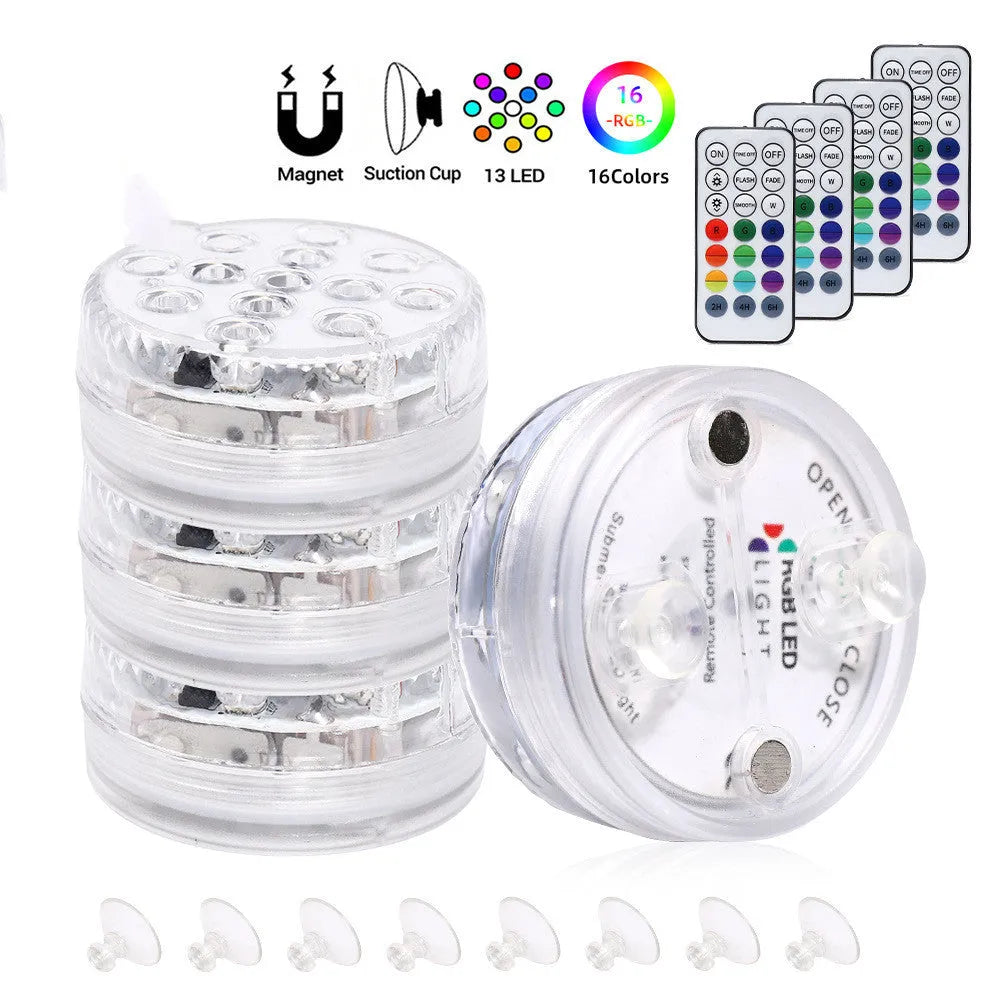 13 LED IP68 submersible underwater light with suction cup and RF remote, showing 16 colours in a swimming pool
