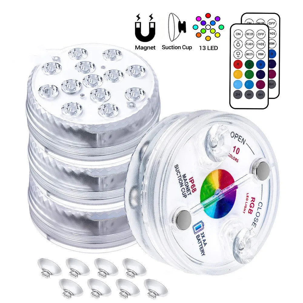 13 LED IP68 submersible underwater light with suction cup and RF remote, showing 16 colours in a swimming pool