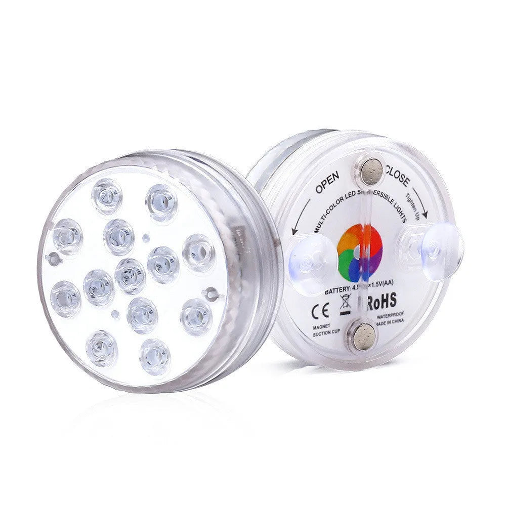 13 LED IP68 submersible underwater light with suction cup and RF remote, showing 16 colours in a swimming pool