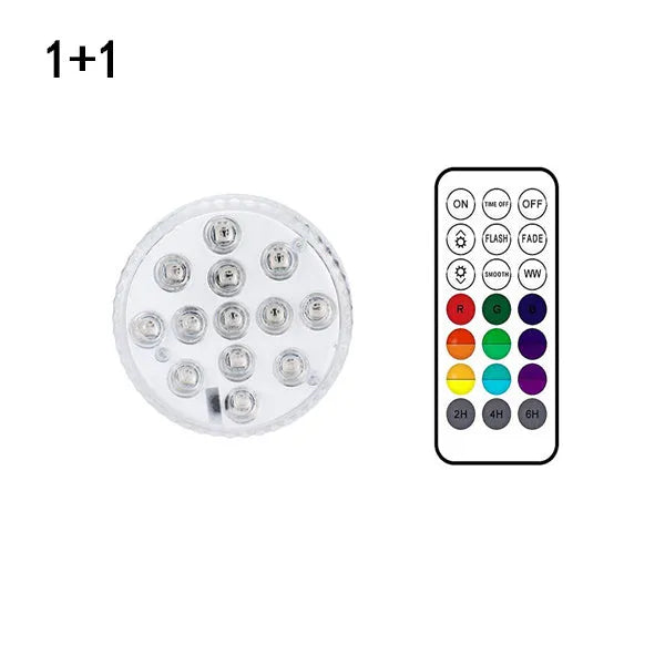 13 LED IP68 submersible underwater light with suction cup and RF remote, showing 16 colours in a swimming pool