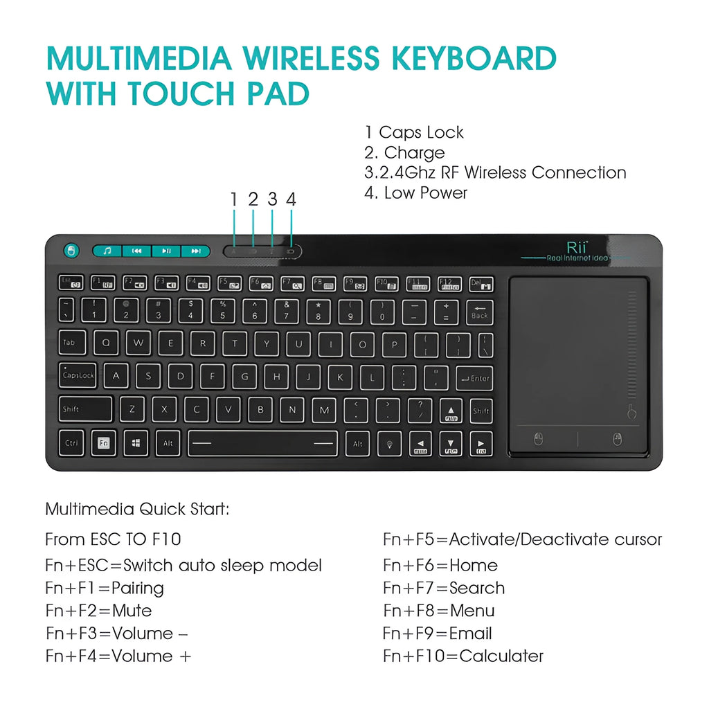 Wireless multimedia RGB backlit keyboard with touchpad K18+ in black