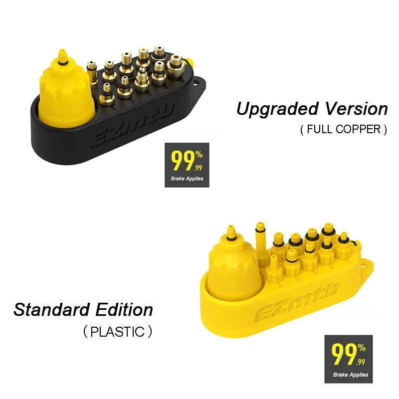 Bicycle disc brake oil change and filling repair tool kit with metal connector in yellow, including hose and fittings