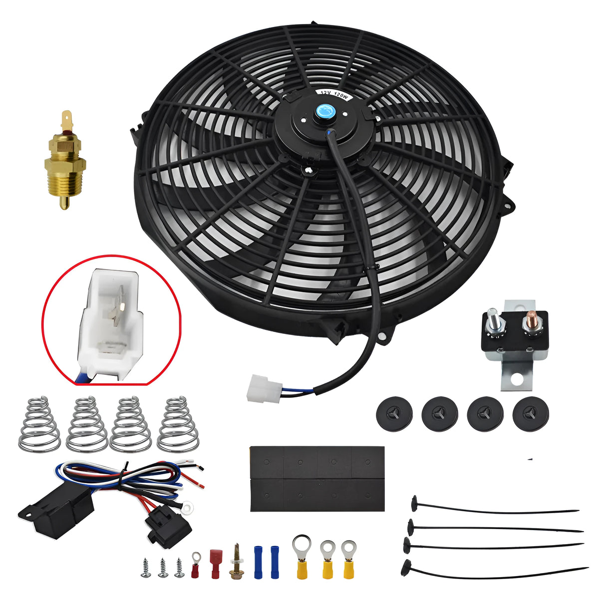 Black universal 15-inch electric radiator cooling fan with curved blades and steel motor