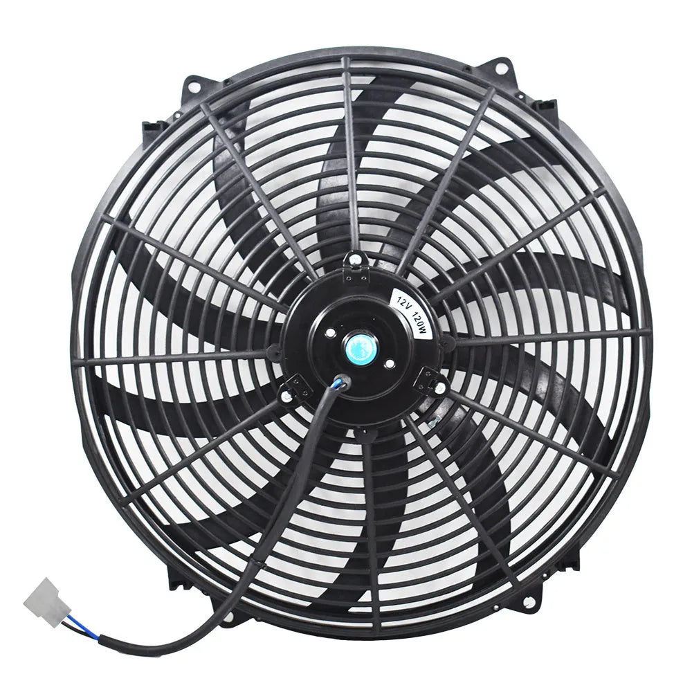Black universal 15-inch electric radiator cooling fan with curved blades and steel motor