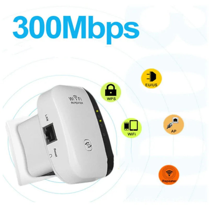 Black and white WiFi repeater with interchangeable UK, EU, US, AU plugs and network cable
