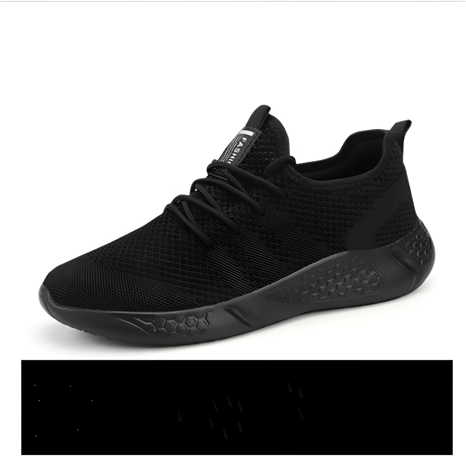 Men's black and white lace-up casual sport shoes with mesh upper and PVC sole