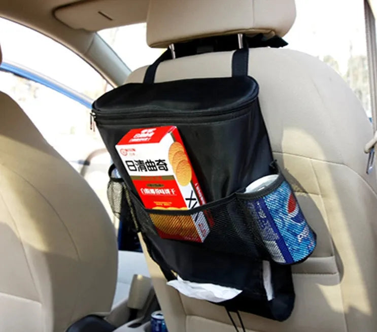 Black 600D Oxford cloth car storage bag with adjustable strap for headrest mounting