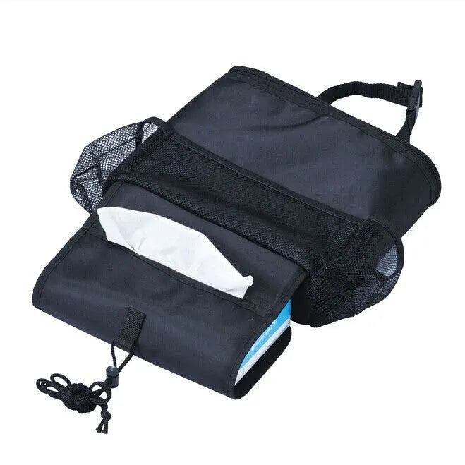 Black 600D Oxford cloth car storage bag with adjustable strap for headrest mounting