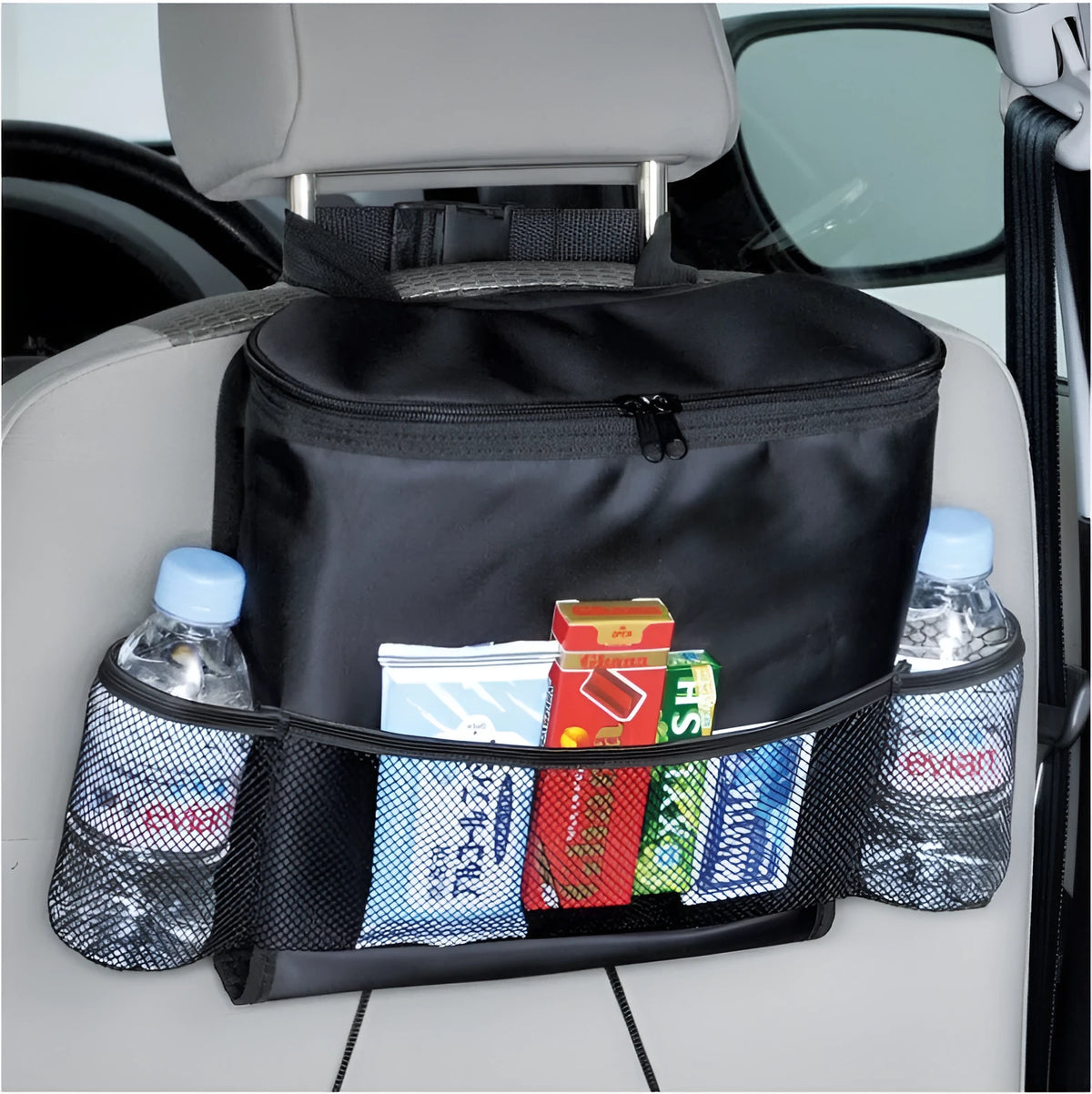 Black 600D Oxford cloth car storage bag with adjustable strap for headrest mounting