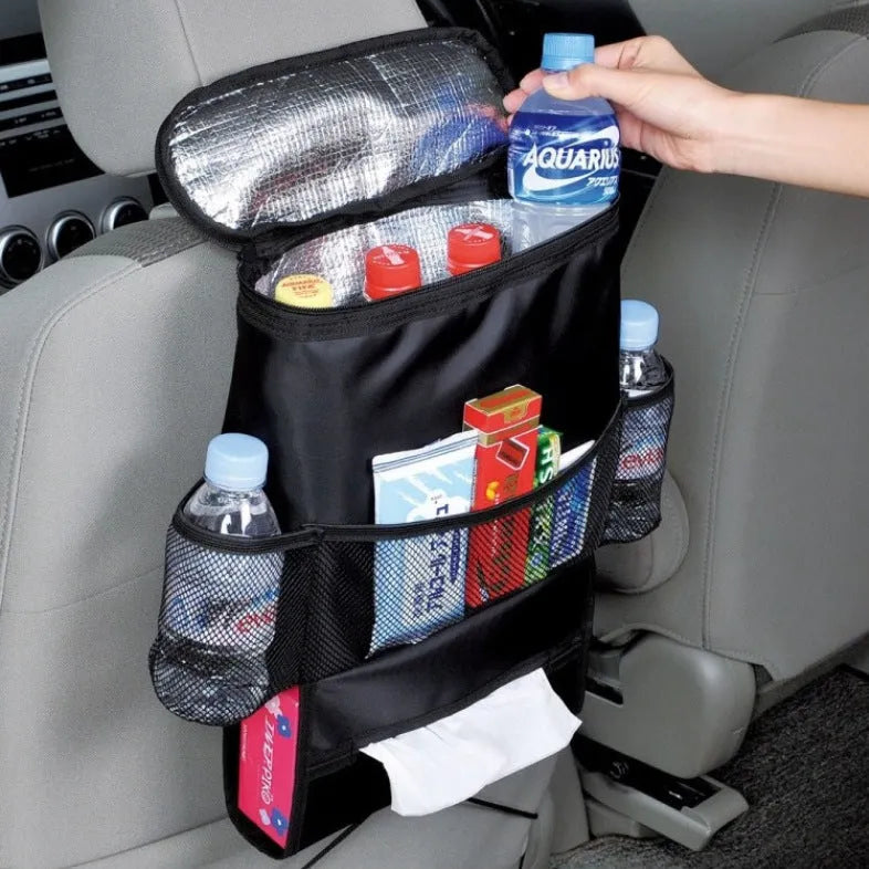 Black 600D Oxford cloth car storage bag with adjustable strap for headrest mounting