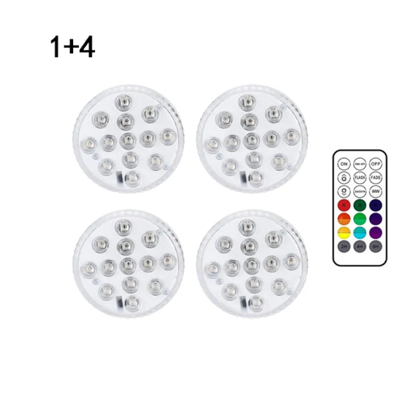 13 LED IP68 submersible underwater light with suction cup and RF remote, showing 16 colours in a swimming pool