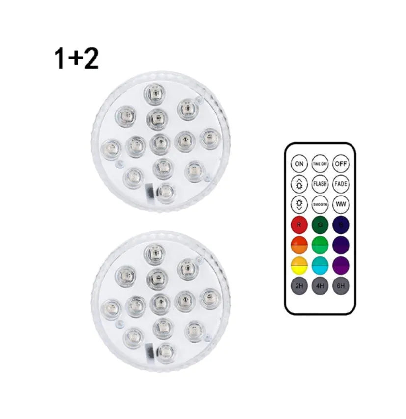 13 LED IP68 submersible underwater light with suction cup and RF remote, showing 16 colours in a swimming pool