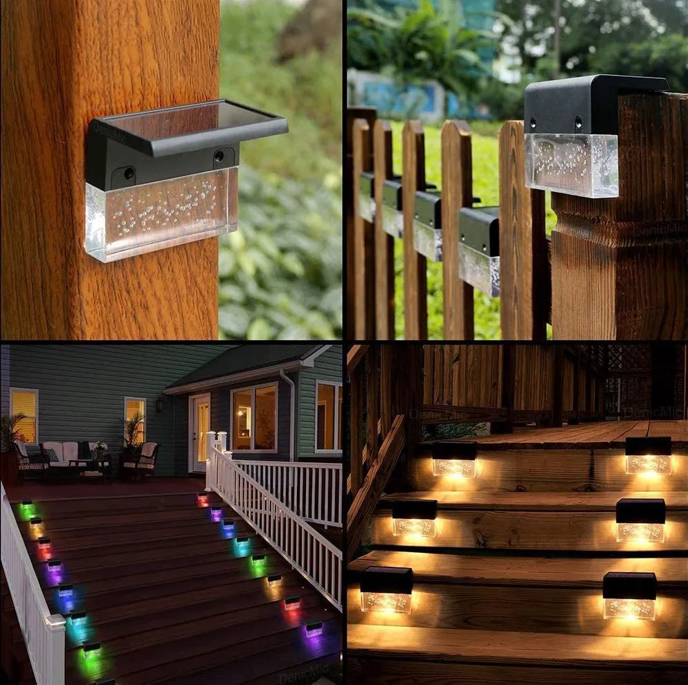 Waterproof RGB LED solar step light with warm white and colour change modes for outdoor stairs