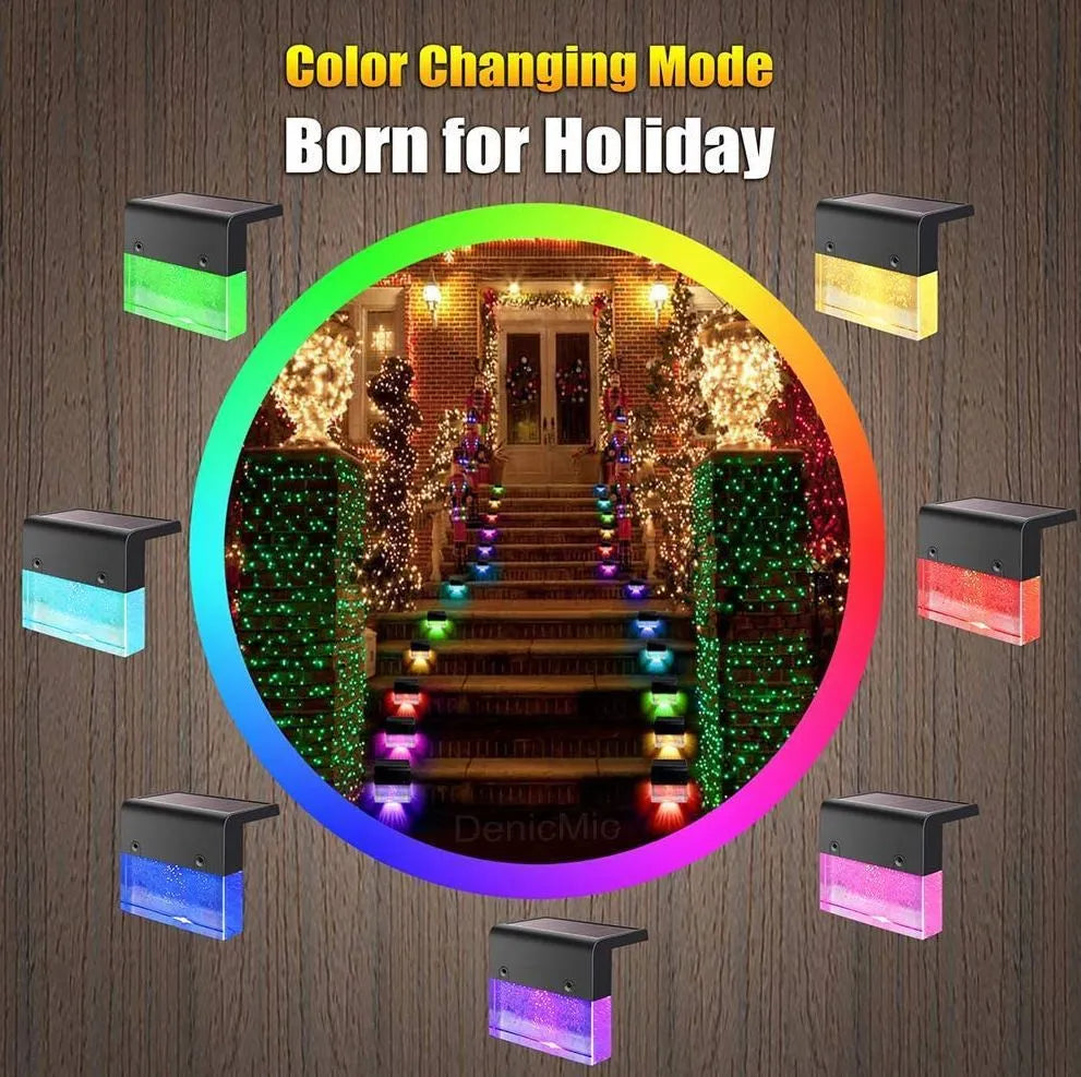 Waterproof RGB LED solar step light with warm white and colour change modes for outdoor stairs