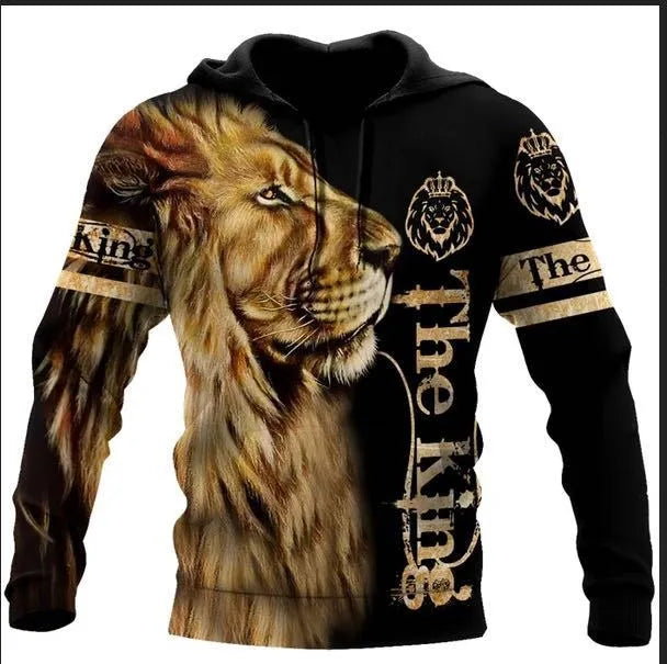 Lion 3D digital print zipper shirt with hood, cotton blend, round neck, long sleeves, full front zip, available in multiple colours and sizes.