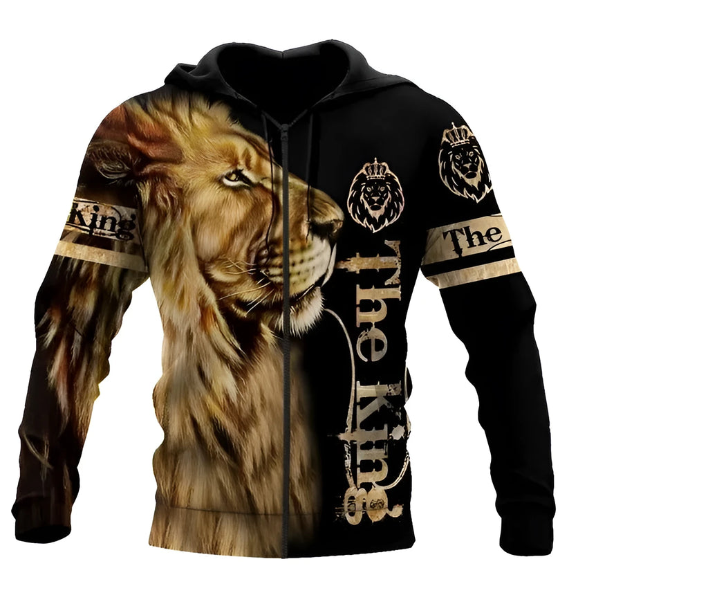 Lion 3D digital print zipper shirt with hood, cotton blend, round neck, long sleeves, full front zip, available in multiple colours and sizes.