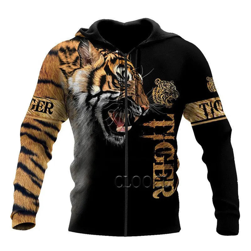 Lion 3D digital print zipper shirt with hood, cotton blend, round neck, long sleeves, full front zip, available in multiple colours and sizes.