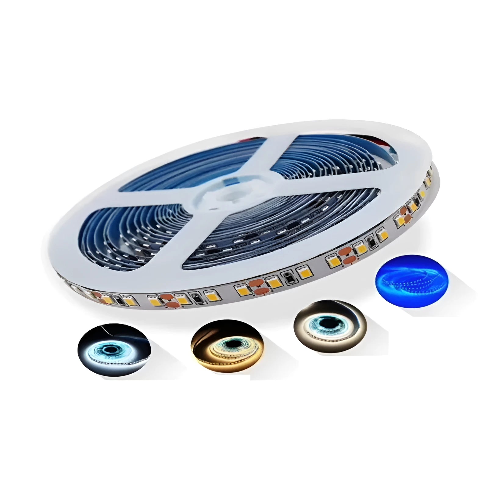 Close-up of a flexible white 2835 LED light strip with 120 LEDs per metre, coiled to show its length.