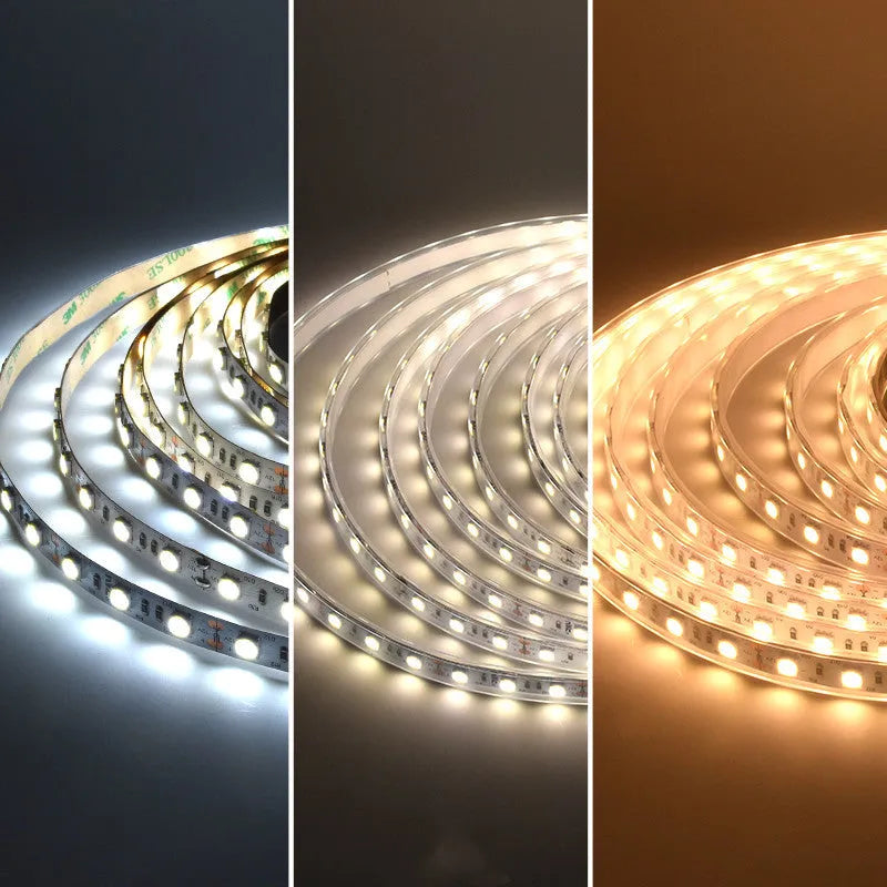 Close-up of a flexible white 2835 LED light strip with 120 LEDs per metre, coiled to show its length.