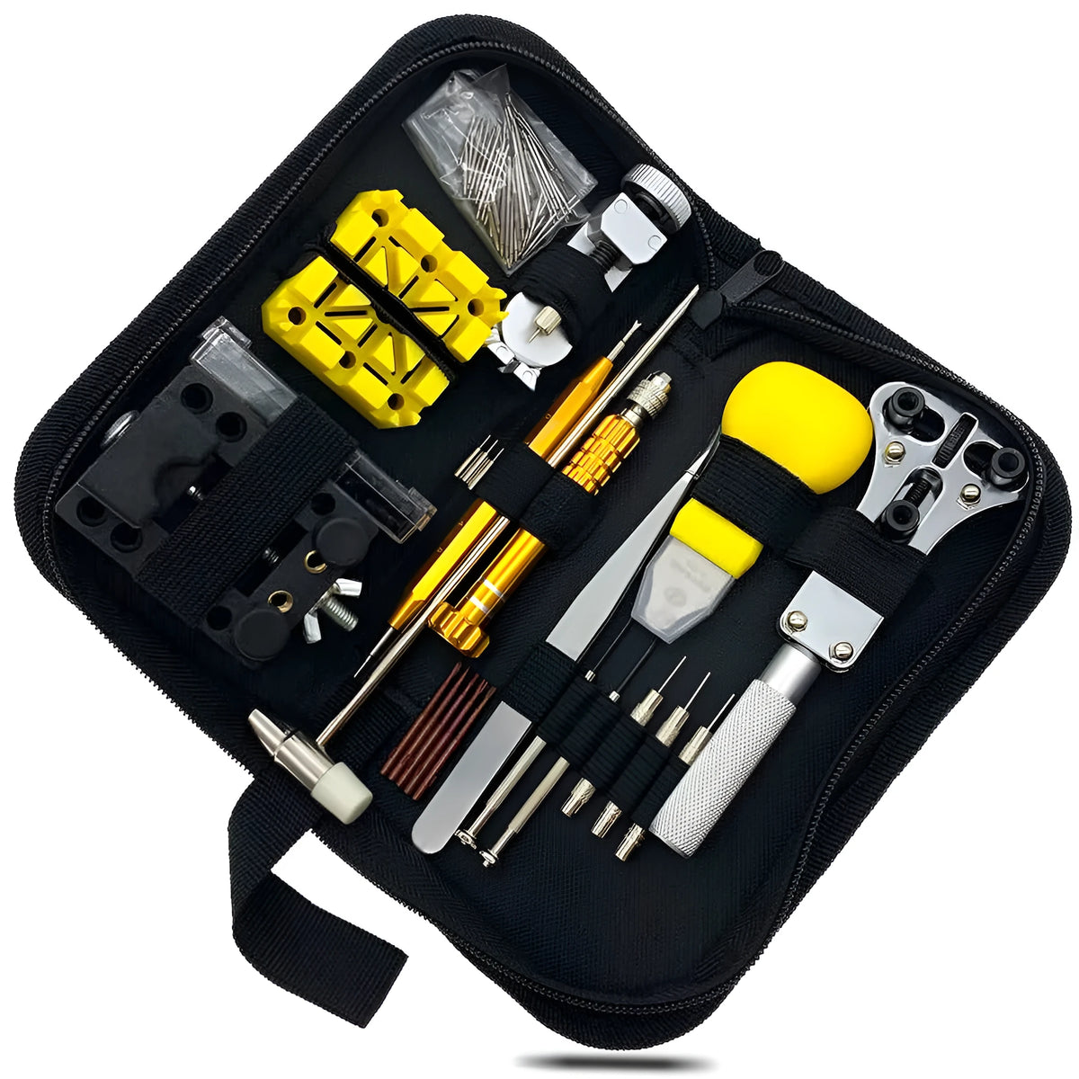 148-piece watch repair tool set in alloy steel with hand diamond files in storage case, black colour