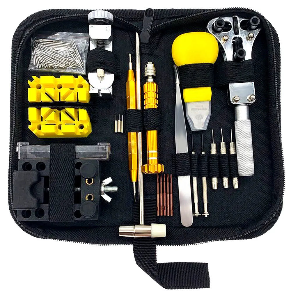 148-piece watch repair tool set in alloy steel with hand diamond files in storage case, black colour