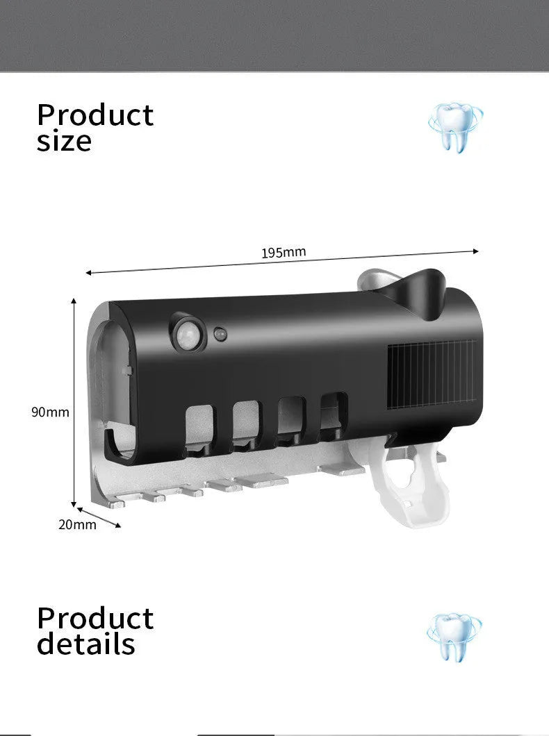 Smart toothbrush sterilizer with UV light, black ABS, wall-mounted with adhesive paste