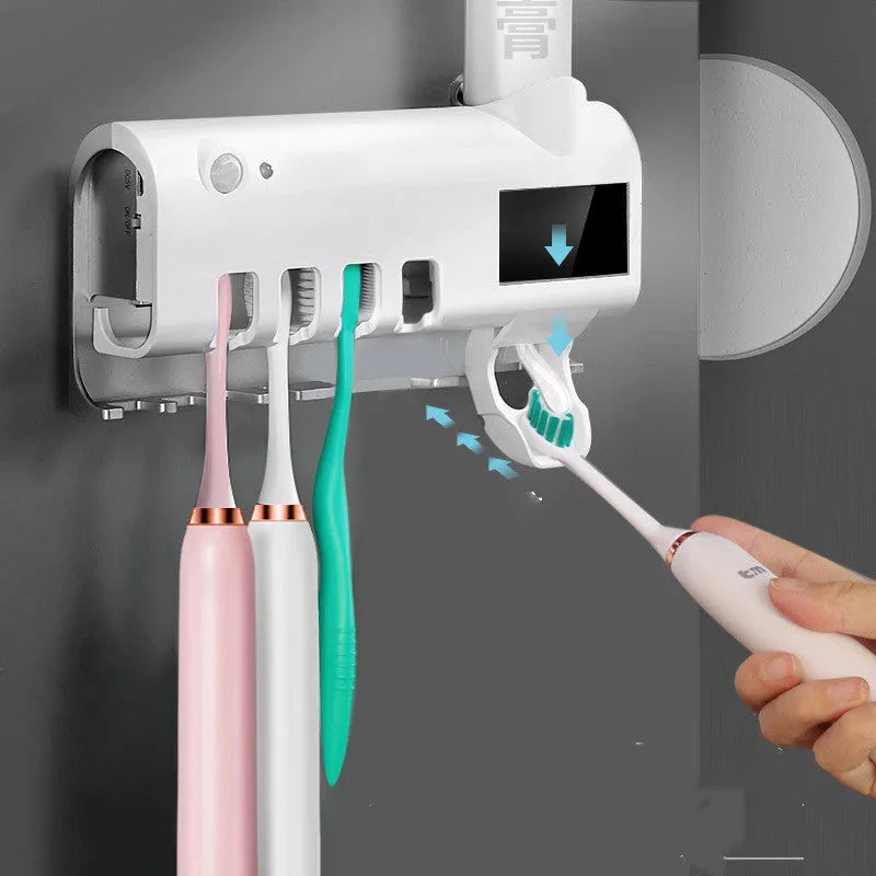 Smart toothbrush sterilizer with UV light, black ABS, wall-mounted with adhesive paste