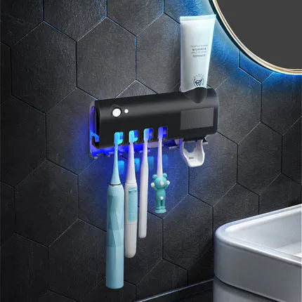 Smart toothbrush sterilizer with UV light, black ABS, wall-mounted with adhesive paste