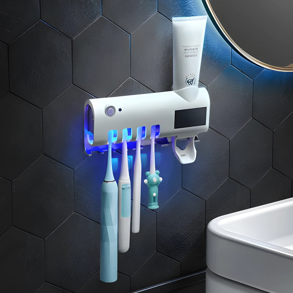 Smart toothbrush sterilizer with UV light, black ABS, wall-mounted with adhesive paste