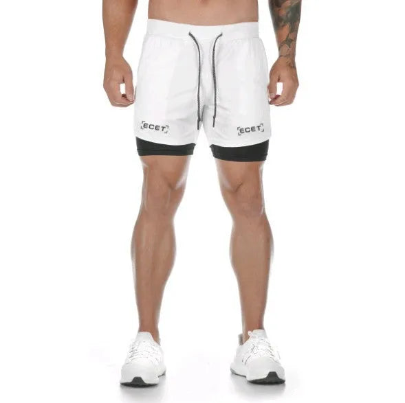 Men's quick-drying double-layer fitness shorts in Army Green with loose fit and moisture-wicking polyester fabric