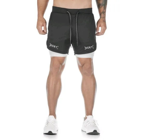 Men's quick-drying double-layer fitness shorts in Army Green with loose fit and moisture-wicking polyester fabric
