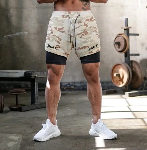 Men's quick-drying double-layer fitness shorts in Army Green with loose fit and moisture-wicking polyester fabric