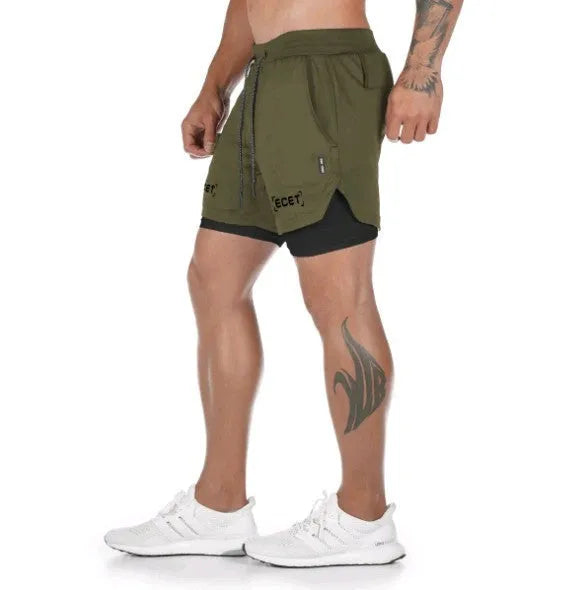 Men's quick-drying double-layer fitness shorts in Army Green with loose fit and moisture-wicking polyester fabric
