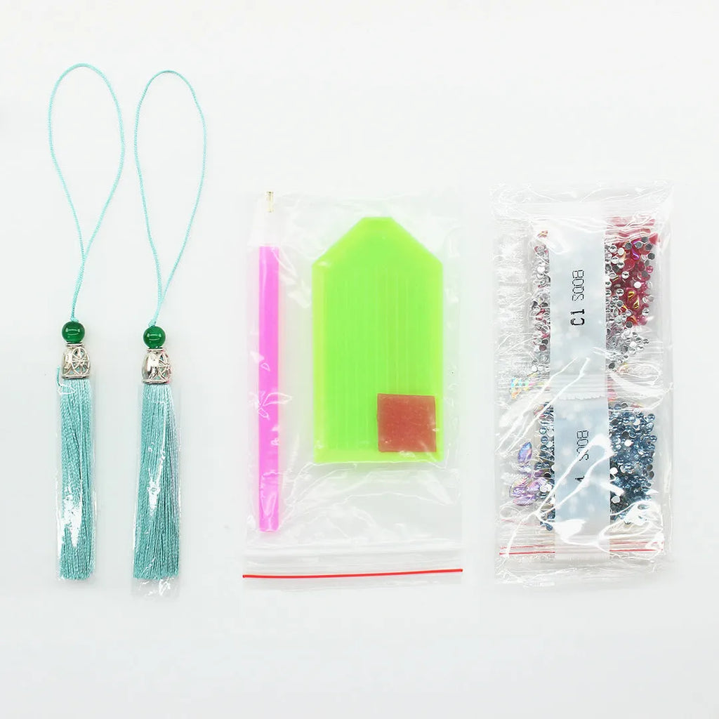 5D diamond painting DIY bookmark kit with pendant and tassel on 6x21cm PU canvas