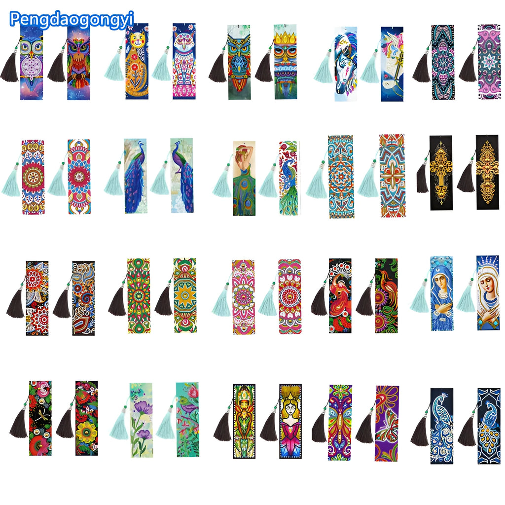 5D diamond painting DIY bookmark kit with pendant and tassel on 6x21cm PU canvas