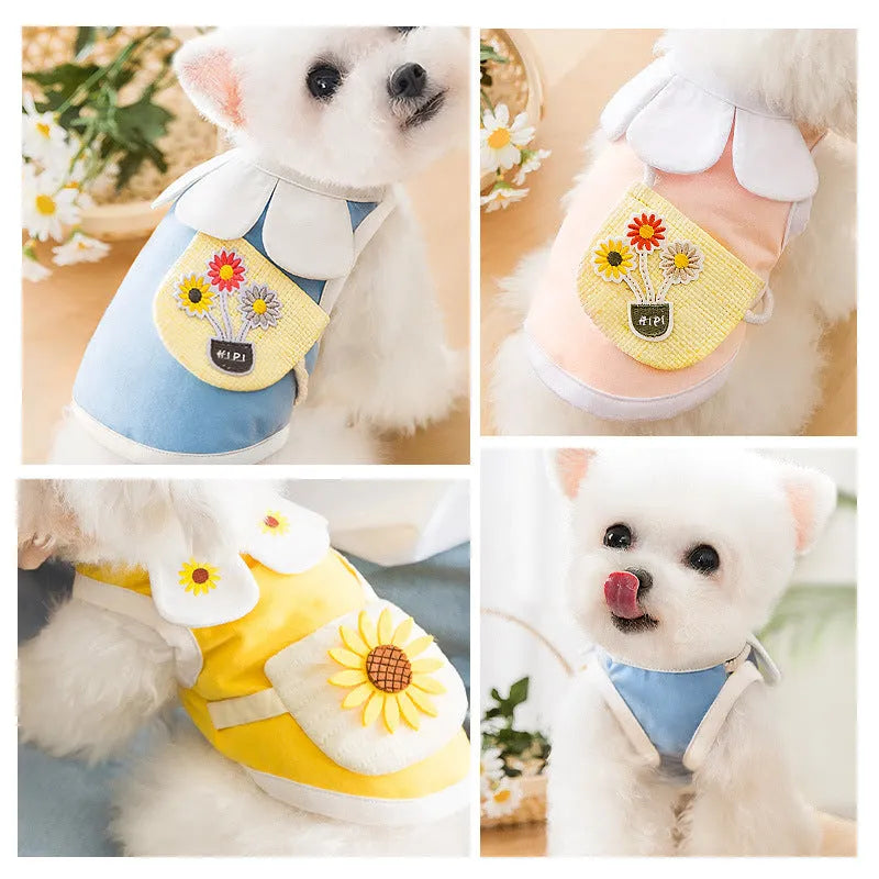 Small satchel cat two legged clothes cotton pet vest with sunflower print in blue, pink, yellow