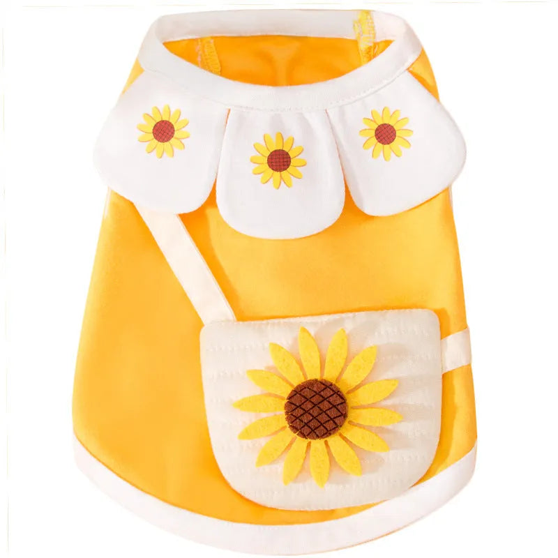 Small satchel cat two legged clothes cotton pet vest with sunflower print in blue, pink, yellow