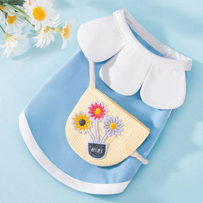 Small satchel cat two legged clothes cotton pet vest with sunflower print in blue, pink, yellow