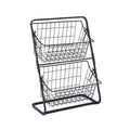 Two-tier black stainless steel kitchen storage rack with fruit and vegetables on a countertop