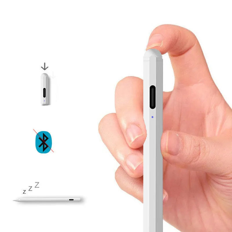 White magnetic stylus pen attached to iPad edge for digital writing and drawing