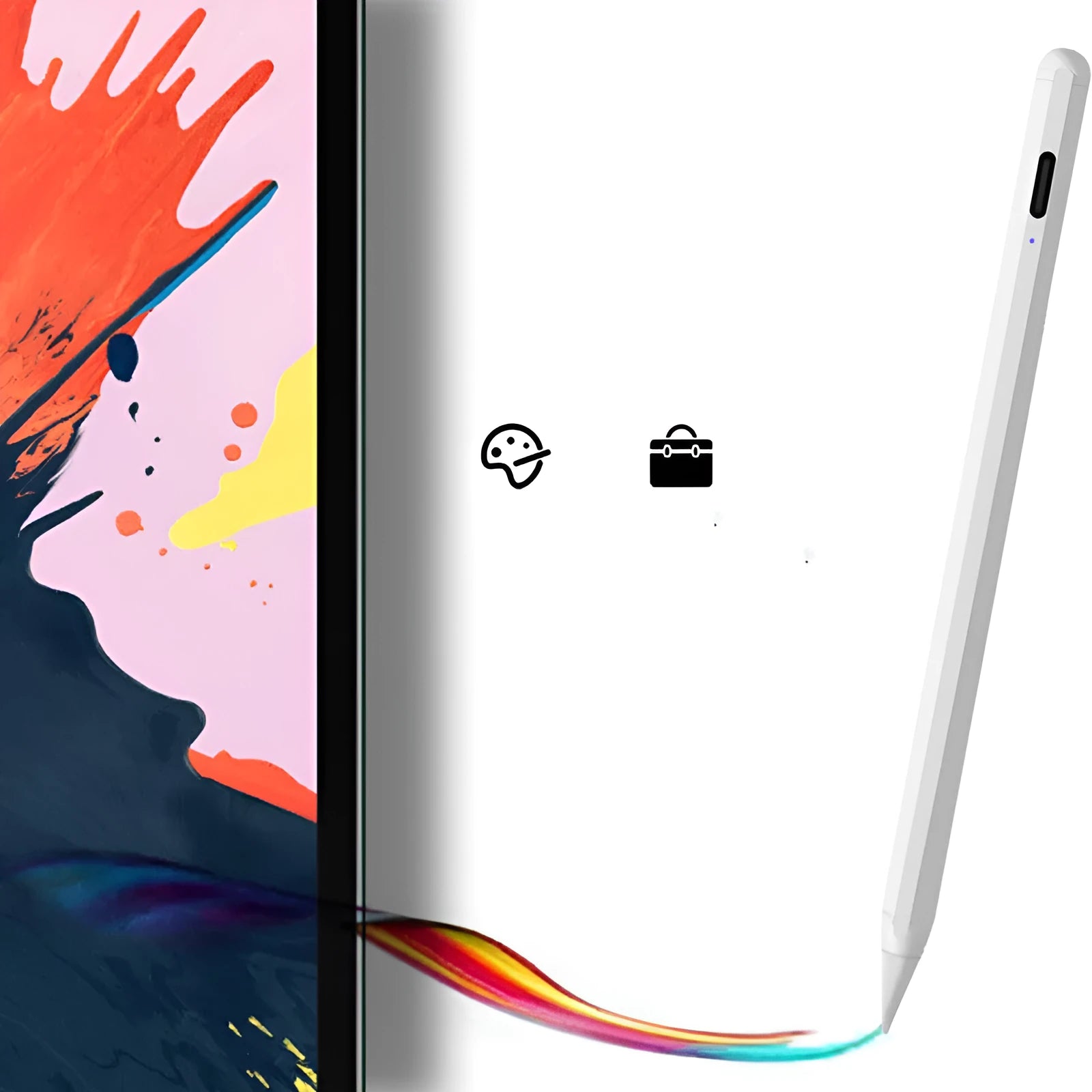 White magnetic stylus pen attached to iPad edge for digital writing and drawing