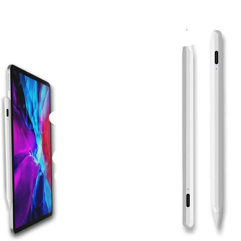 White magnetic stylus pen attached to iPad edge for digital writing and drawing
