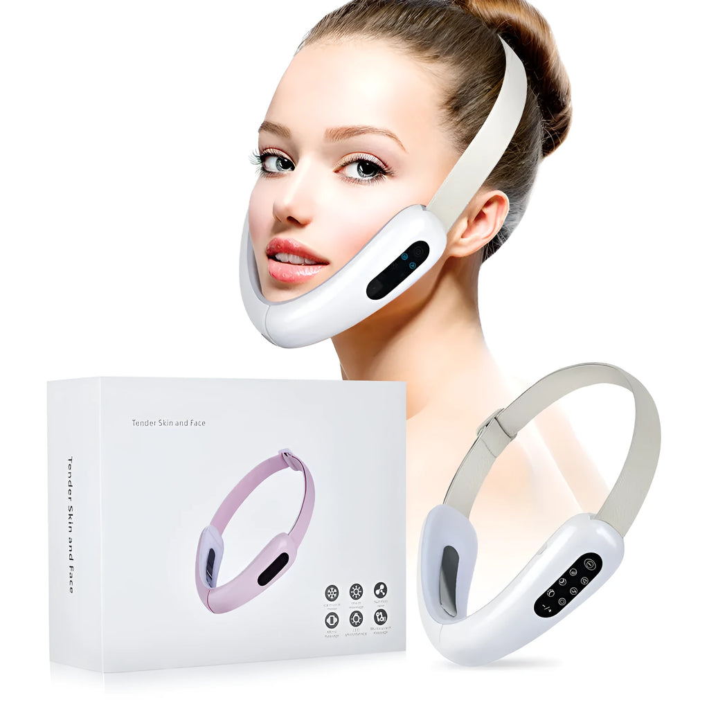Micro-current IPL facial lifting massager in pink with six modes, adjustable V angle, and USB charging cable
