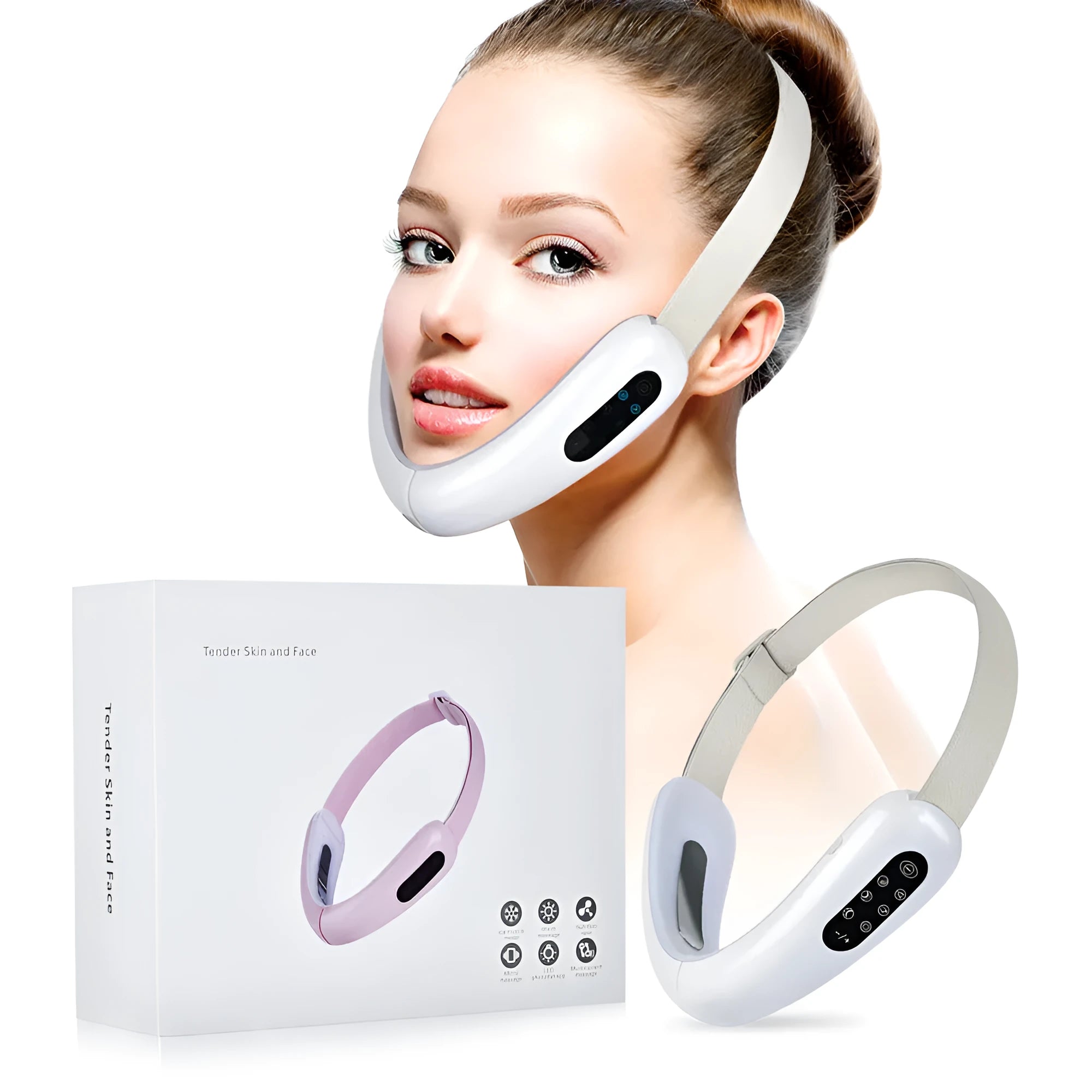 Micro-current IPL facial lifting massager in pink with six modes, adjustable V angle, and USB charging cable
