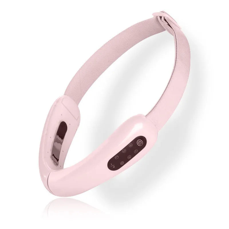 Micro-current IPL facial lifting massager in pink with six modes, adjustable V angle, and USB charging cable