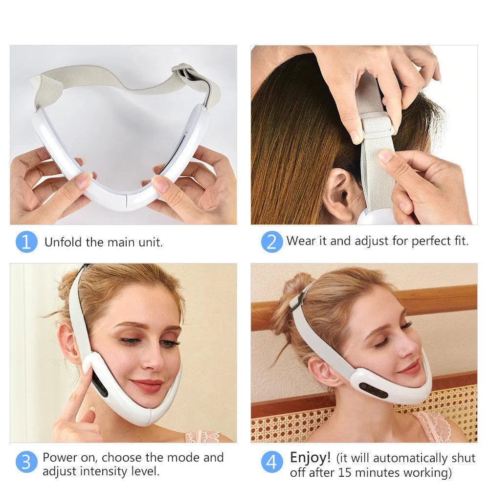 Micro-current IPL facial lifting massager in pink with six modes, adjustable V angle, and USB charging cable