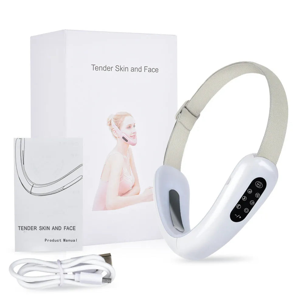Micro-current IPL facial lifting massager in pink with six modes, adjustable V angle, and USB charging cable