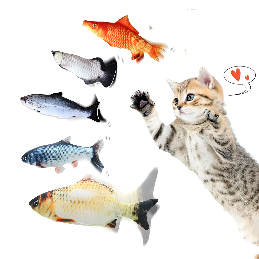 Fish plush cat toy emulating beating fish motion, soft plush fabric, free size, four fish styles available