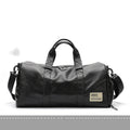 Large black waterproof PU leather sports training bag with zipper showing side view and multiple pockets
